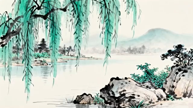  水墨山水柳树风景素材1276#横屏 	 