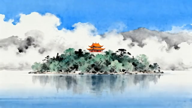  水墨山水古风建筑景观1313#横屏 	 -