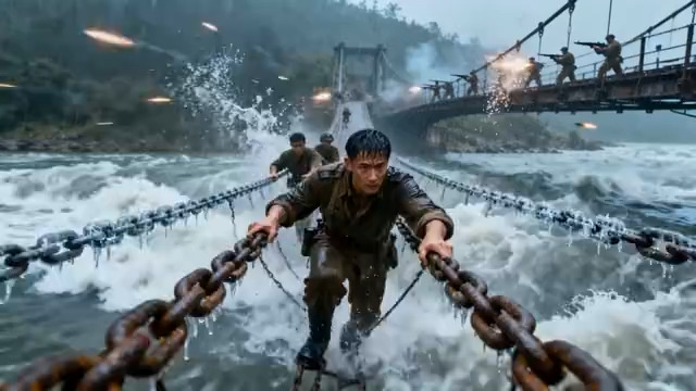  士兵在铁索桥上冒雨前行476#横屏 	 