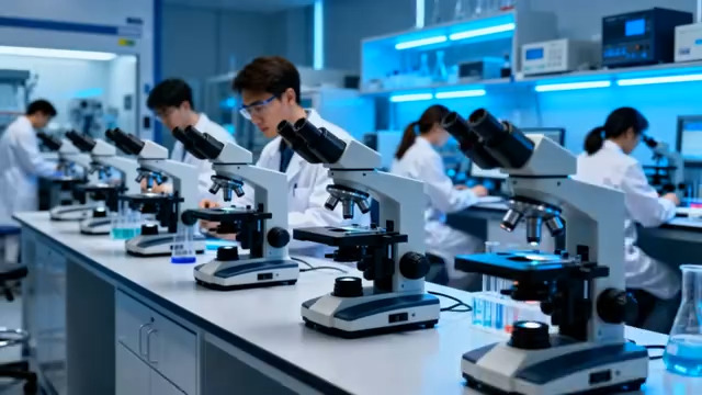  实验室科研人员操作显微镜2494#横屏 	 