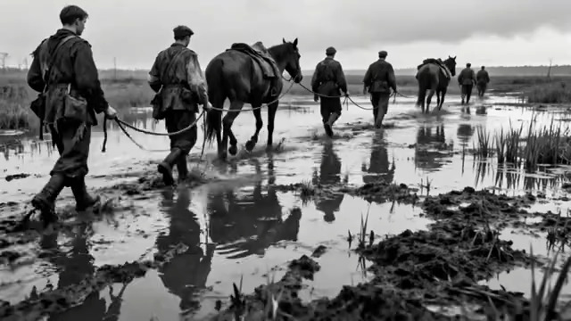  士兵牵马涉水行进画面2765#横屏 	 