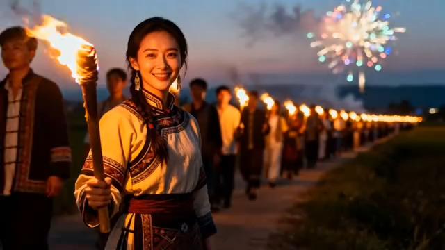  少数民族女孩手持火把2981#横屏 	 