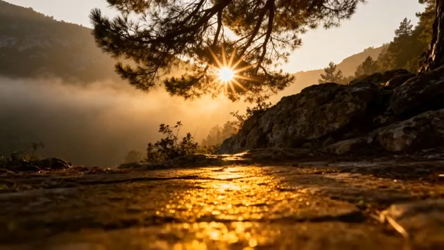  山林间日出阳光洒落场景2300#横屏 	 