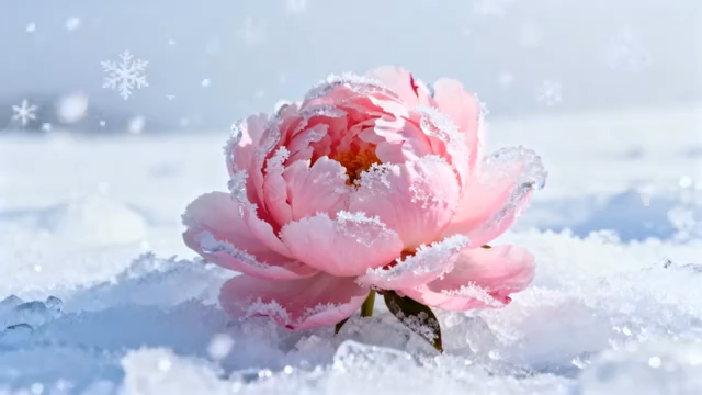 雪中绽放的粉色牡丹花412#横屏 