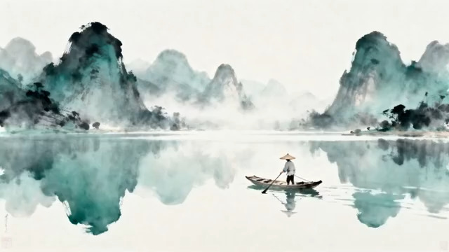  山水间撑船的古风人物3064#横屏 	 