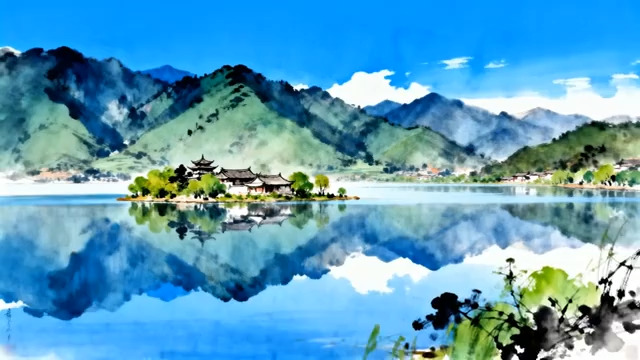  山水湖泊中式建筑风景2485#横屏 	 