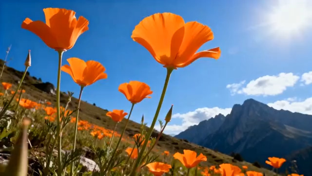  山坡上盛开的橙色花朵2160#横屏 	 