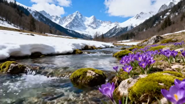  山间溪流旁绽放的紫色花朵1726#横屏 	 -