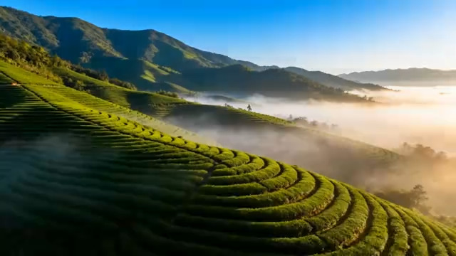  山间茶园清晨美景1387#横屏 	 