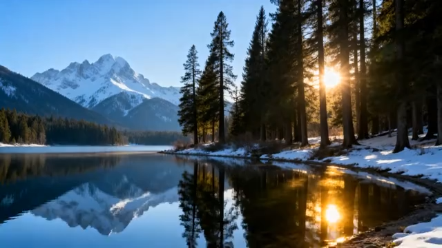 雪山森林湖泊阳光美景2104#横屏 