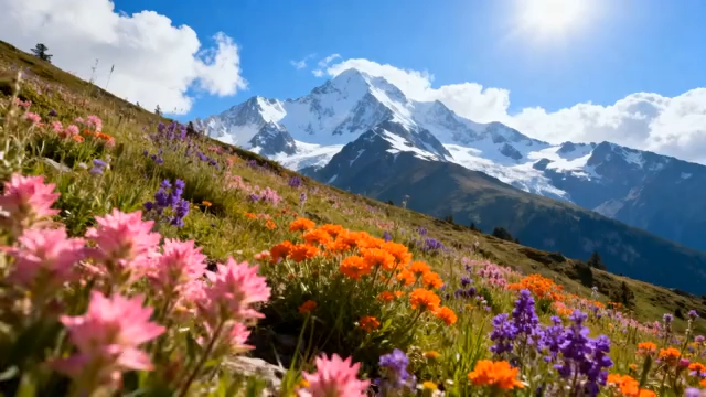 雪山下的多彩花卉自然风光1333#横屏 