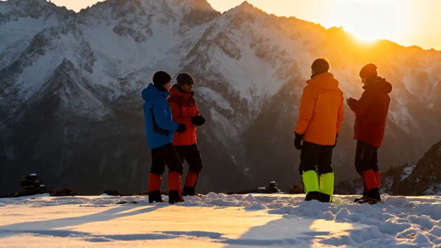 雪山下户外团队落日交流场景3567#横屏 