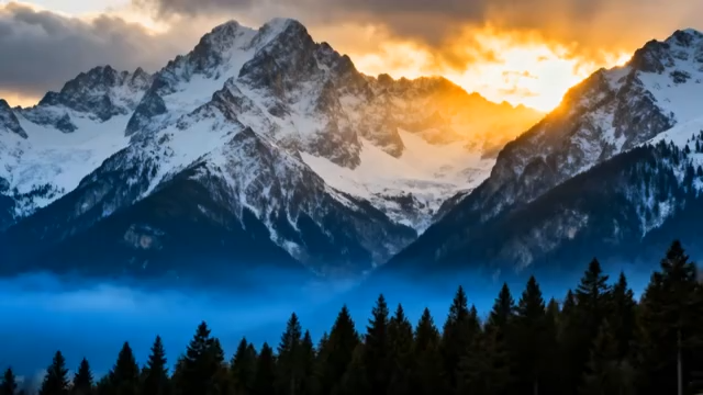 雪山森林日落自然风光4975#横屏 