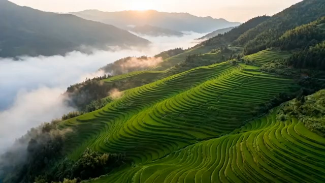  山间梯田晨景俯瞰2289#横屏 	 