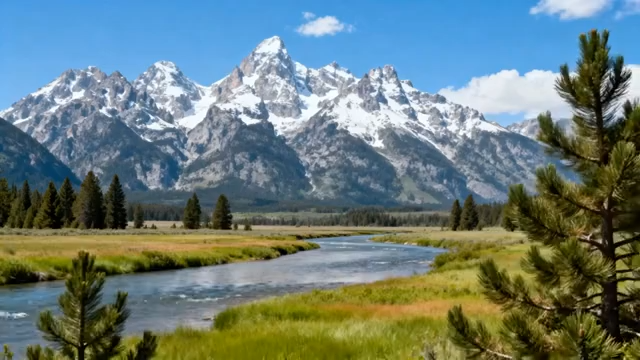 雪山下河流与森林风景4960#横屏 