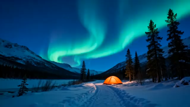 雪山下雪地帐篷旁的极光景观4160#横屏 