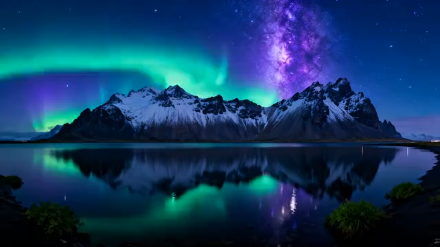 雪山极光湖面夜晚景象1272#横屏 