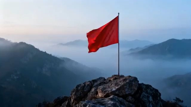  山顶飘扬的红旗与山脉云雾1192#横屏 	 