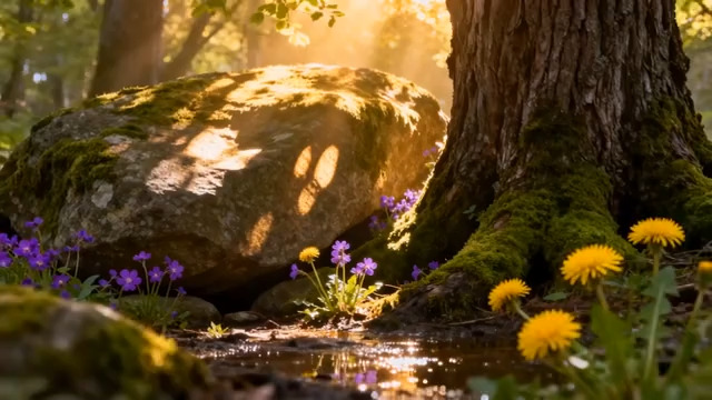  森林中阳光照耀下的岩石与花草411#横屏 	 