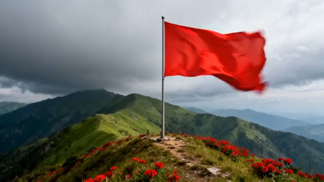  山顶飘扬的红色旗帜(1)1976#横屏 	 