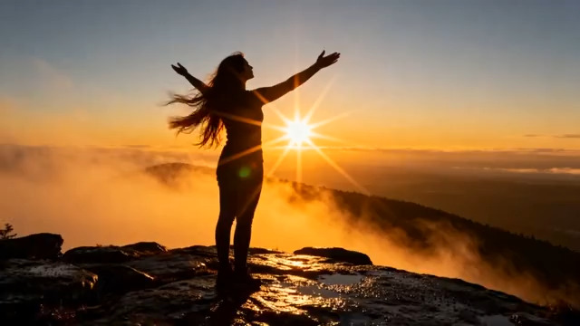 山顶女人张开双臂迎日落1920#横屏 	 