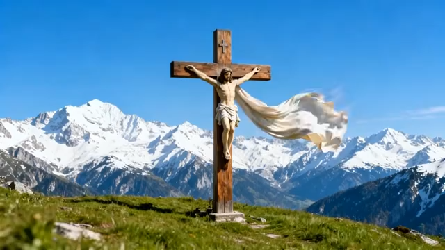 雪山前十字架与耶稣雕像2015#横屏 