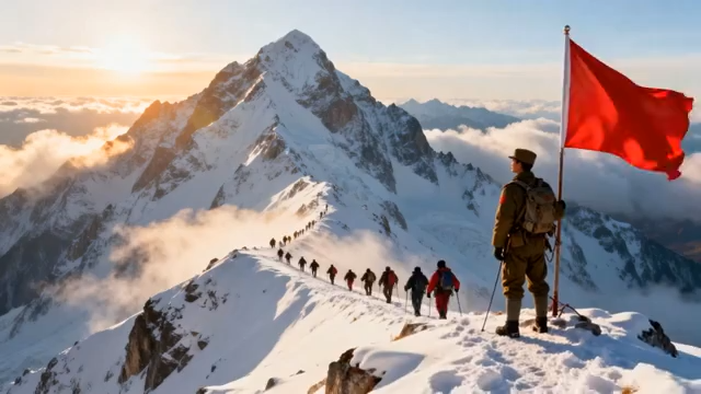 雪山登山队伍与持旗人员2428#横屏 