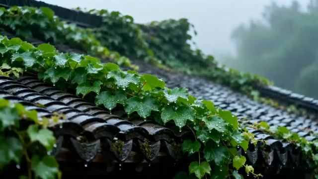  雨中古建筑屋顶绿植特写1908#横屏 	 