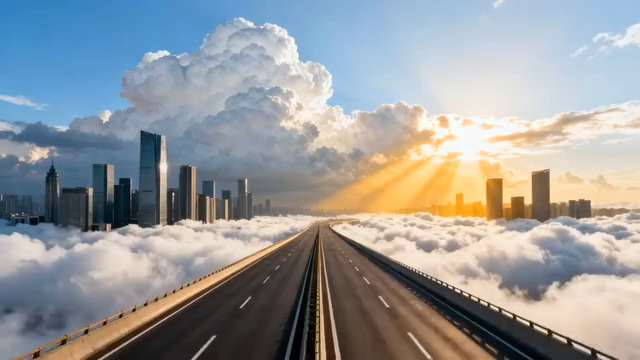  云端公路与城市天际线景观575#横屏 	 