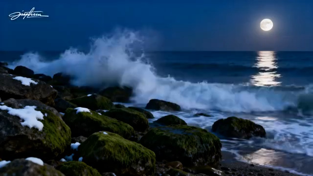  月夜下海浪拍打覆雪礁石1697#横屏 	 - 