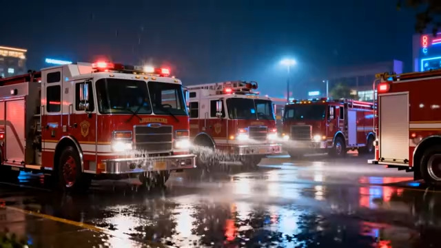  雨夜中的消防车集结2525#横屏 	 