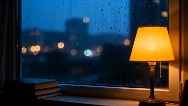  雨夜窗边台灯与书籍场景2718#横屏 	 