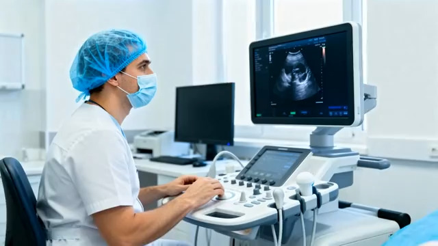  医生操作超声设备医疗场景1357#横屏 	 