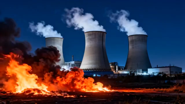  夜晚电厂冷却塔与燃烧场景57#横屏 	 