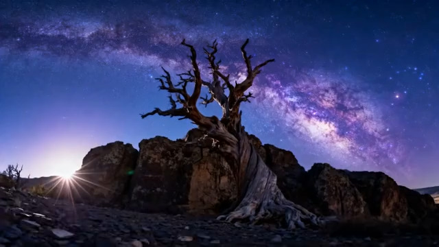  夜空下枯树与星空素材2151#横屏 	 -