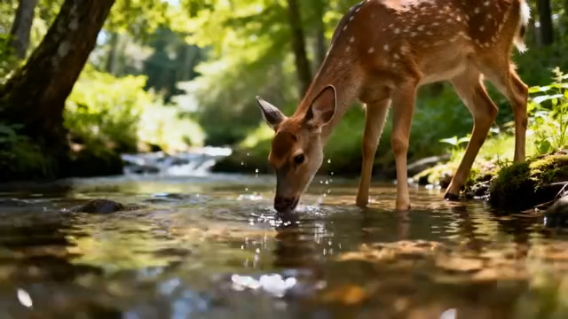  森林中鹿在溪流边饮水1704#横屏 	 
