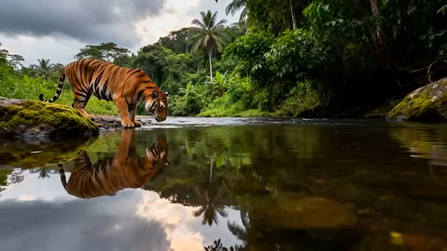  森林中老虎饮水素材237#横屏 	 -