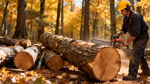  森林中工人使用电锯切割木材2600#横屏 	 