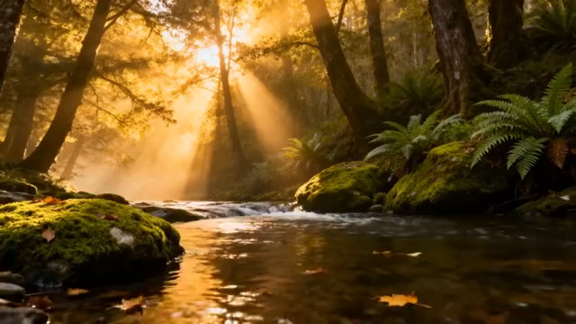  森林溪流阳光自然景观2240#横屏 	 -