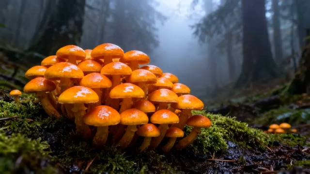  森林中生长的橙色蘑菇素材750#横屏 	 