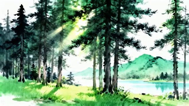  森林湖泊自然风光插画2677#横屏 	 