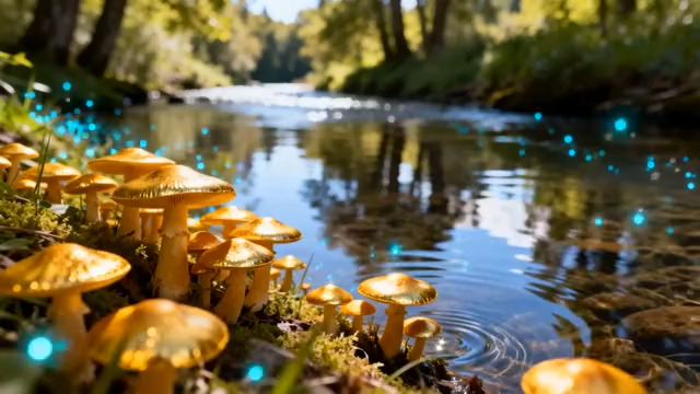  森林小溪旁的金色蘑菇813#横屏 	 - 