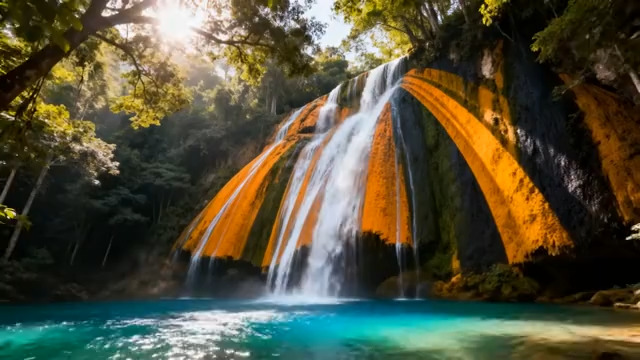  森林中的壮丽瀑布景观699#横屏 	 