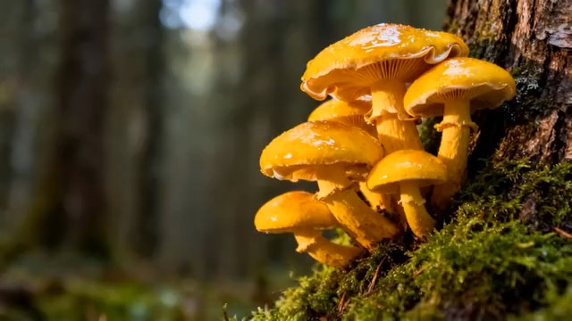  森林中生长的黄色蘑菇素材1099#横屏 	 