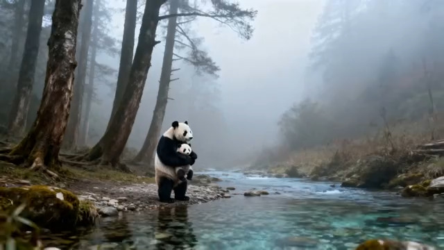  森林溪边大熊猫抱幼崽画面1107#横屏 	 