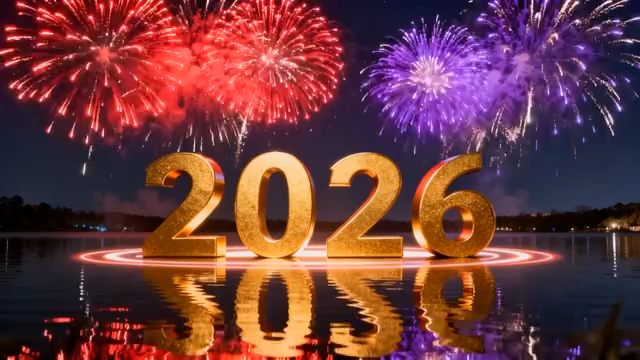 新年烟花水面倒影场景1443#横屏 