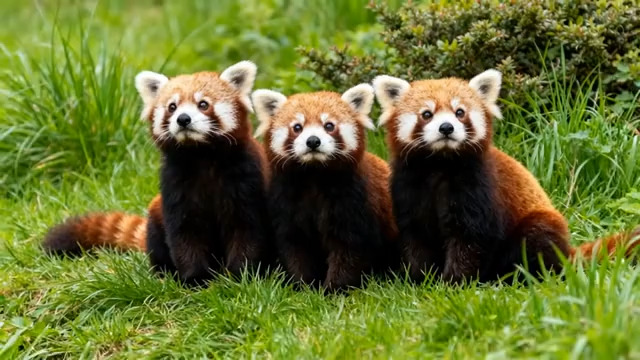  三只小熊猫草地特写964#横屏 	 