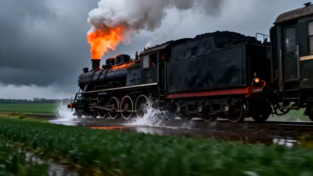 行驶中的黑色蒸汽火车1950#横屏 