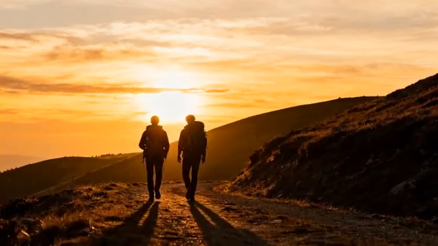  日落时分两人登山徒步画面2373#横屏 	 