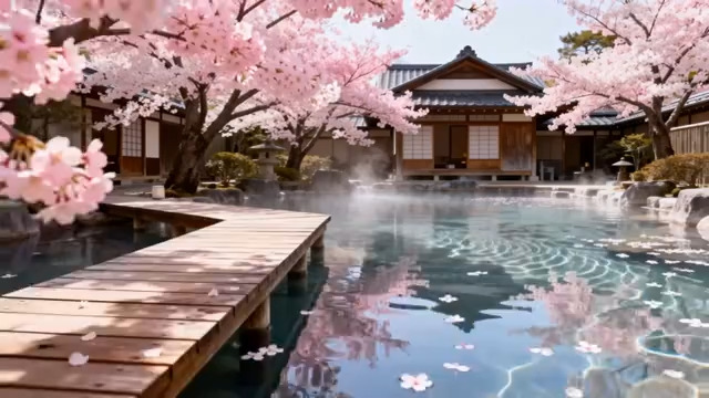  日式庭院樱花下的温泉池景观2695#横屏 	 